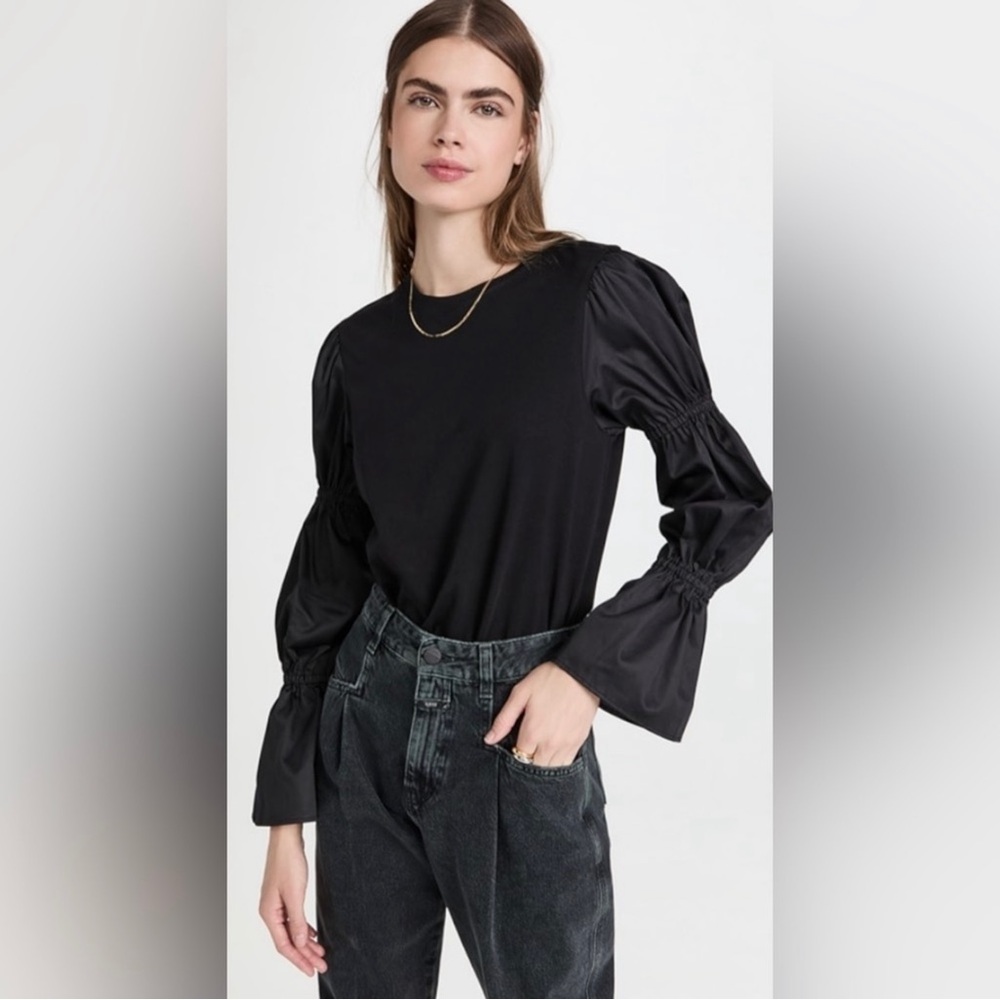 Something Navy RARE Cinched Bell Sleeve Top Black Long Sleeve Peasant Boho Med